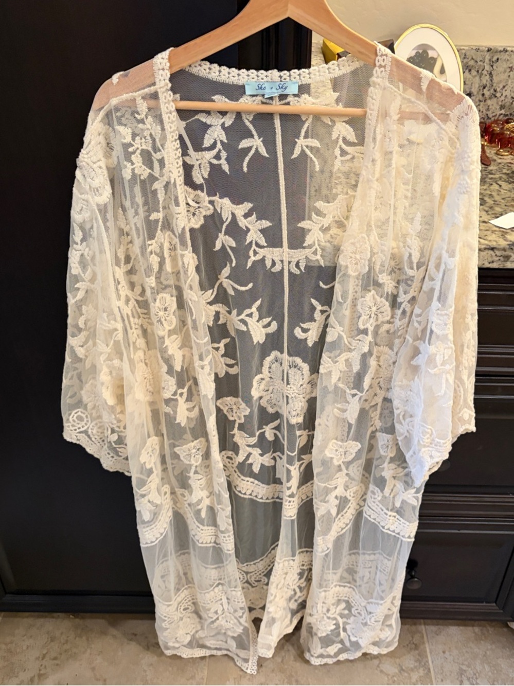 Sheer Floral Lace Kimono Robe - Ivory Lace